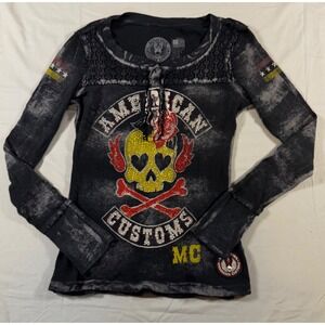Affliction American Customs Skull Rhinestone Thermal Henley Top Black Large